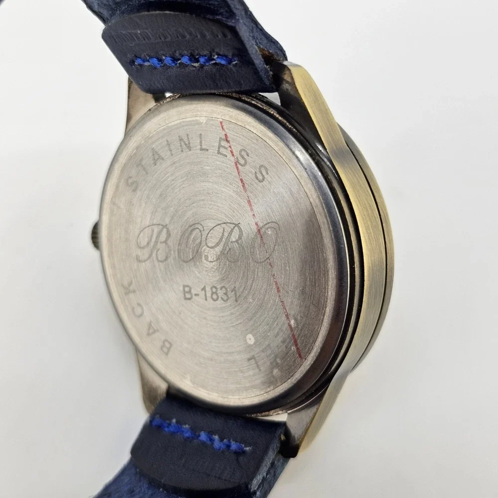 42MM Men's Analog Watch Gold Dial Dark‎ Blue Leahter Bands New Battery